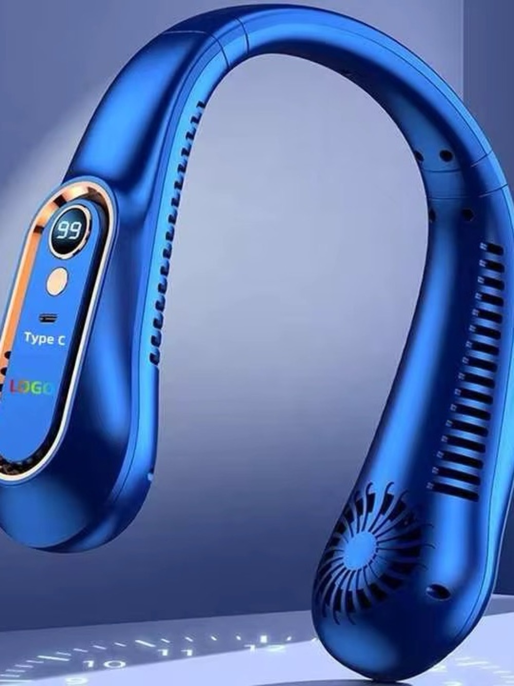Blue Hands-Free Neck Fan with Digital Display